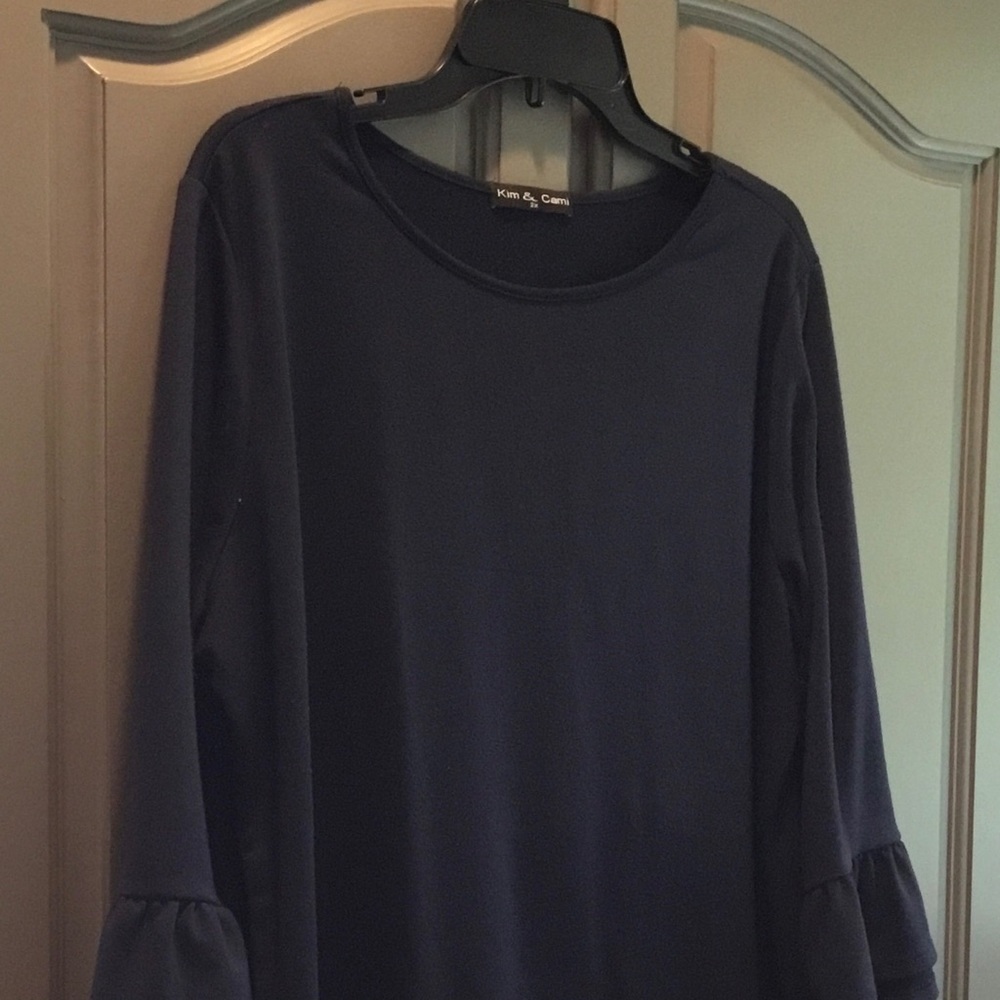 Navy Top with Ruffled 3/4 Length Sleeves